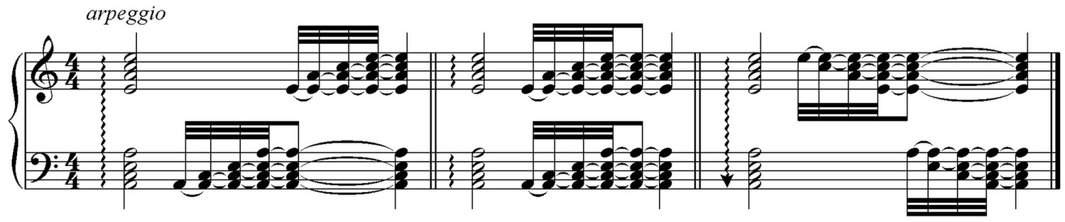 Нотный пример для фортепиано: над аккордами слово arpeggio, перед аккордами волнистые вертикальные линии, рядом те же аккорды, расписанные нотами по очереди снизу вверх; в последнем такте волнистая линия со стрелкой вниз
