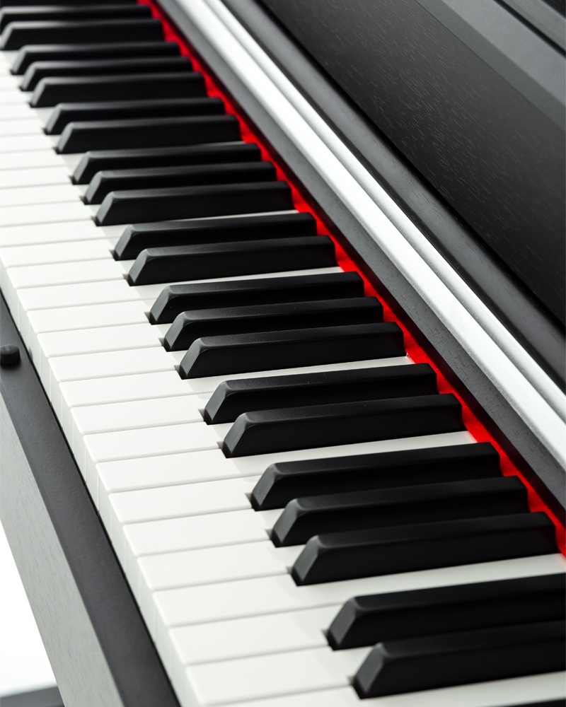 Клавиатура Beisite B-808 Pro крупным планом: белые и чёрные клавиши, красная фетровая полоса и пюпитр