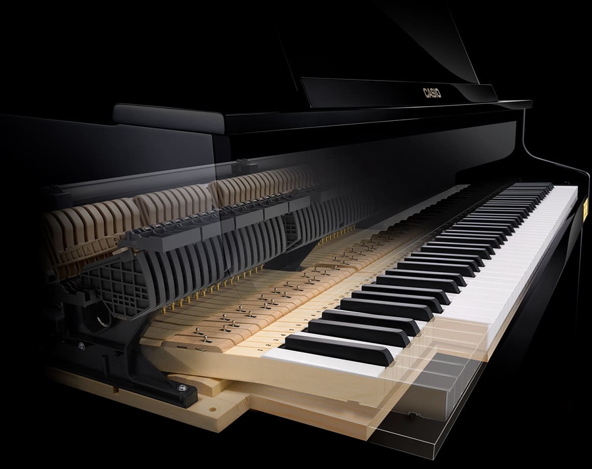 Разрез клавиатурного узла Casio Grand Hybrid: цельные деревянные клавиши во всю длину, деревянная клавиатурная рама и горизонтально уложенные молоточки