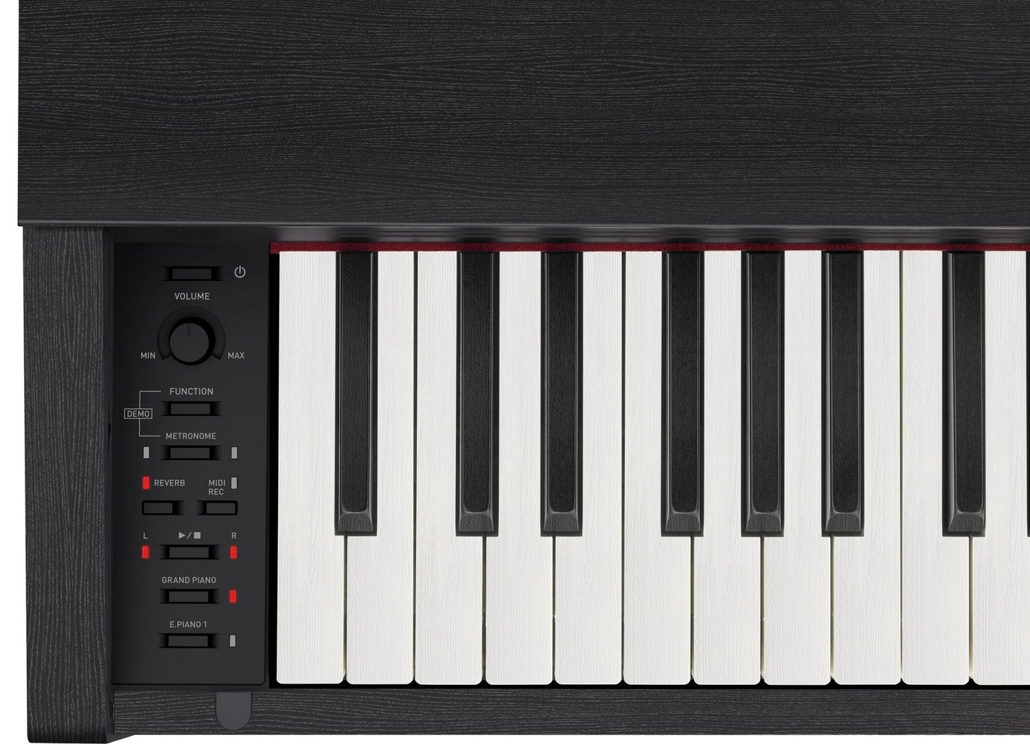 Крупный план левого края клавиатуры Casio PX-770: белые клавиши с матовым покрытием под слоновую кость, чёрные — под эбен, слева панель управления с регулятором громкости