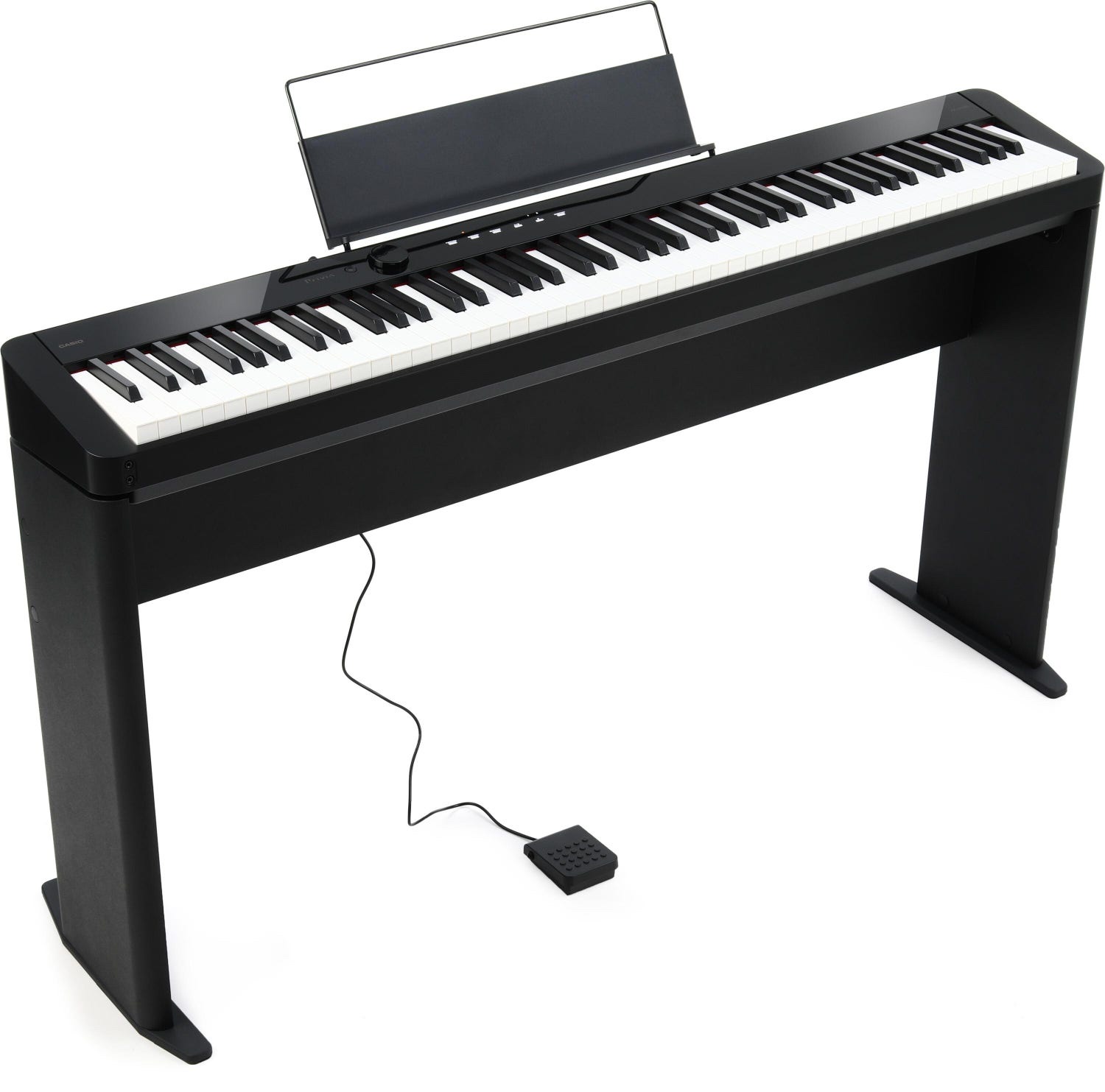 Чёрный Casio PX-S1100 на деревянной стойке CS-68 с пюпитром и педалью-кнопкой на полу