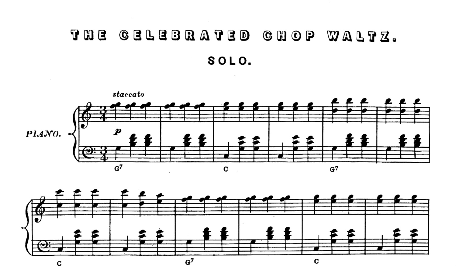 Начало нотного текста The Celebrated Chop Waltz, соло для фортепиано: размер 3/4, двузвучия в правой руке, гармонии G7 и C под басом