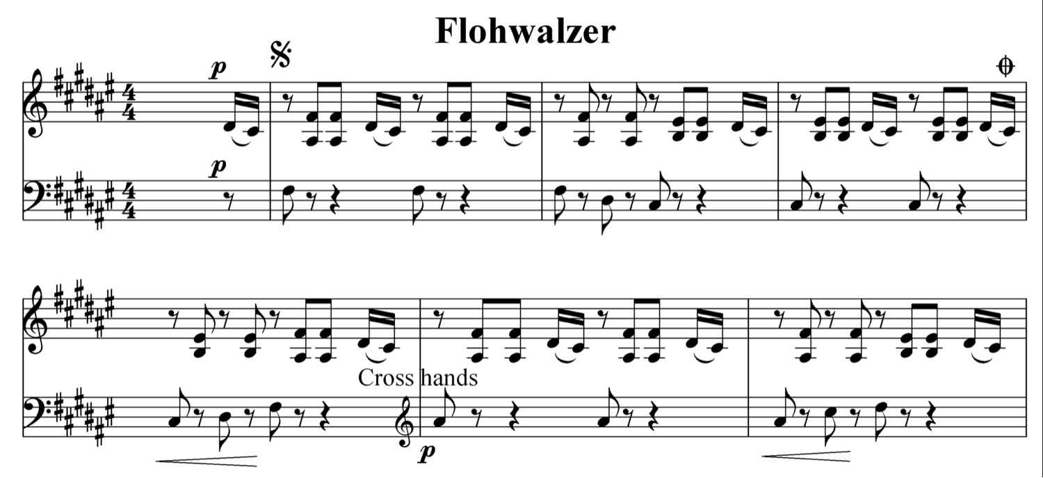 Начало нотной записи Flohwalzer: шесть диезов при ключе, затакт и двузвучия в правой руке, одиночный бас в левой, пометка Cross hands