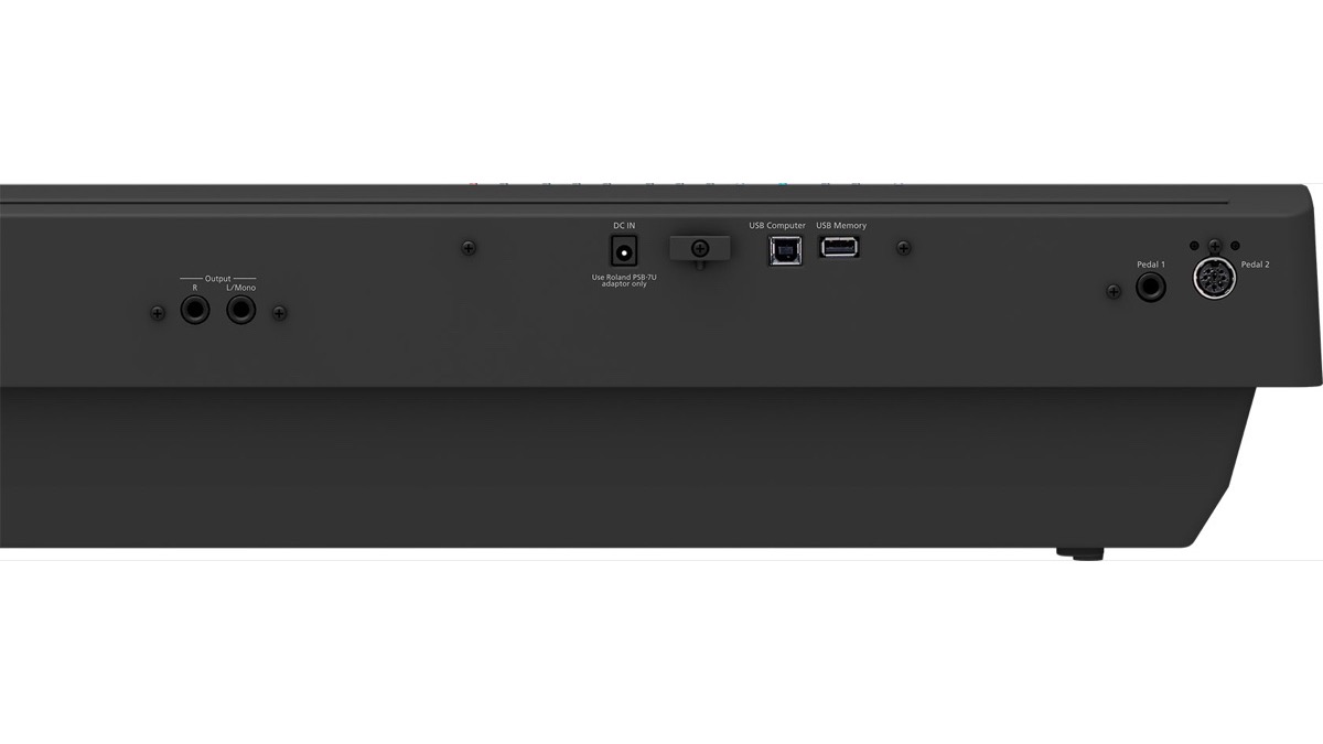 Задняя панель Roland FP-30X: линейные выходы L/Mono и R, USB Computer, USB Memory и разъёмы Pedal 1 и Pedal 2 под блок из трёх педалей