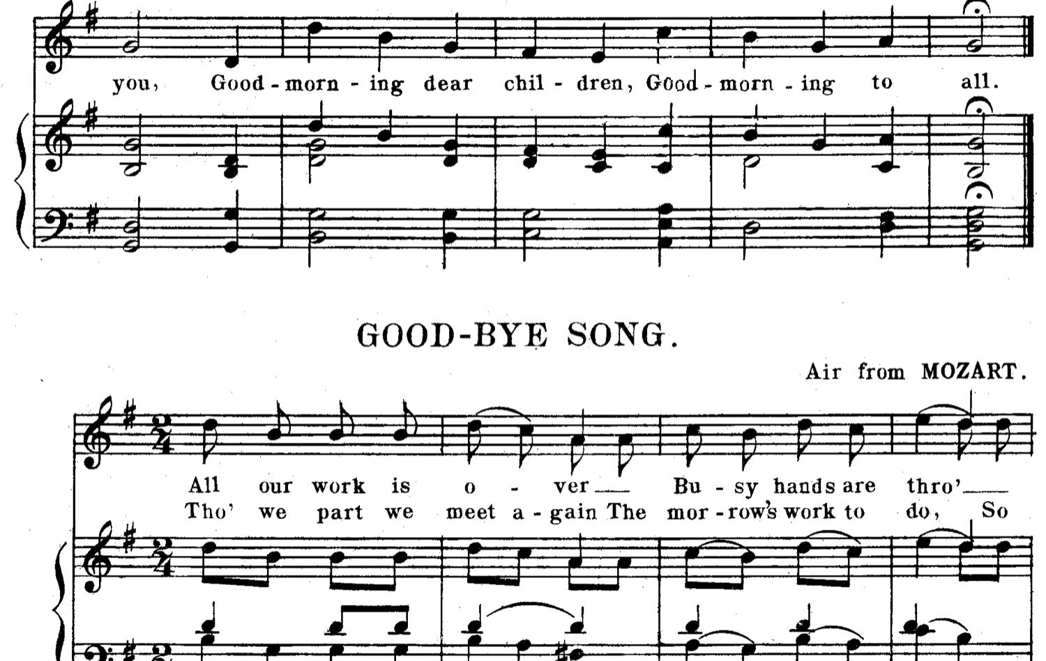 Страница 3 сборника Song Stories for the Kindergarten: ноты песни Good-Morning to All для голоса и фортепиано в размере 3/4, соль мажор