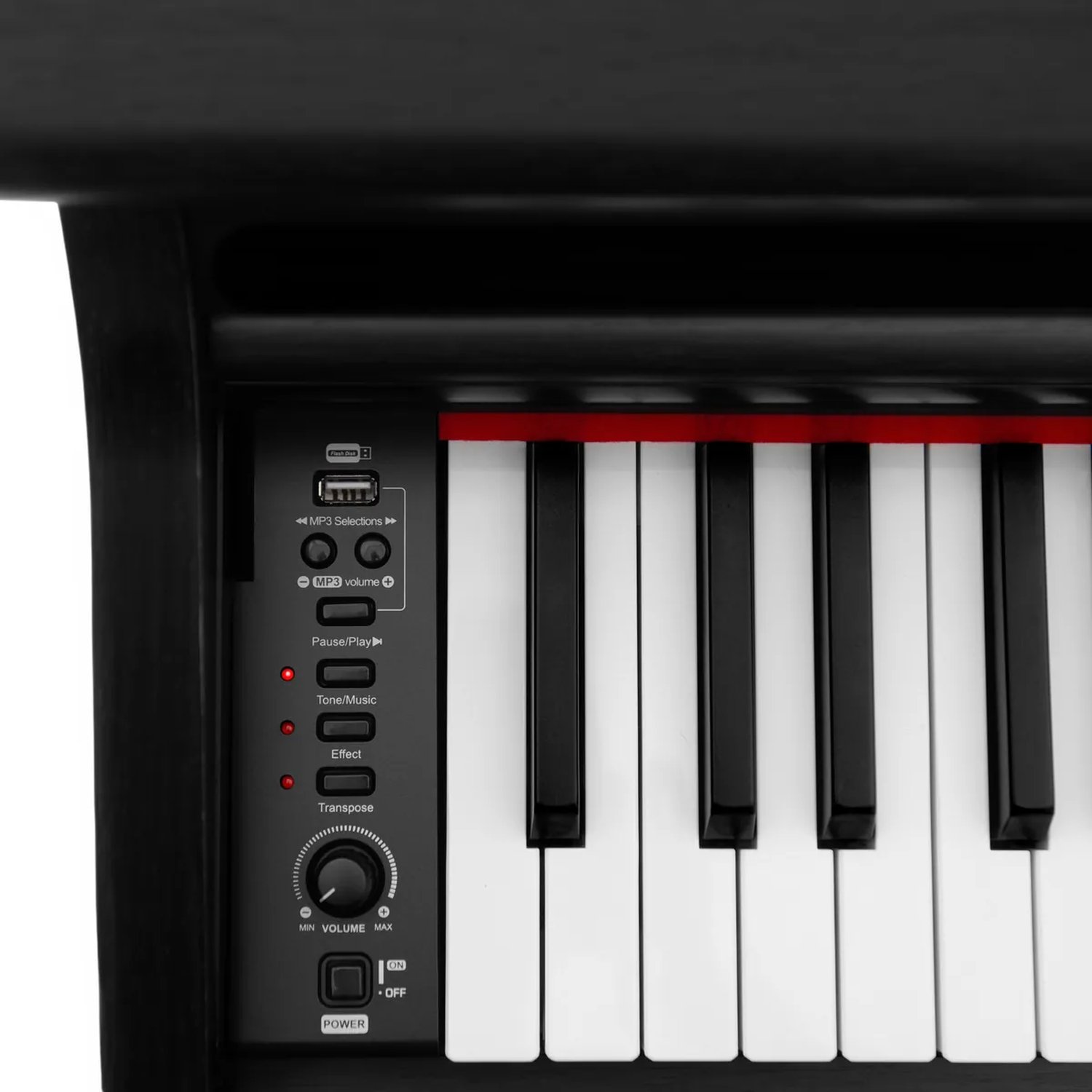 Панель слева от клавиатуры Grace CP: гнездо USB-флешки, кнопки MP3-плеера, Tone/Music, Effect, Transpose, регулятор громкости и кнопка питания
