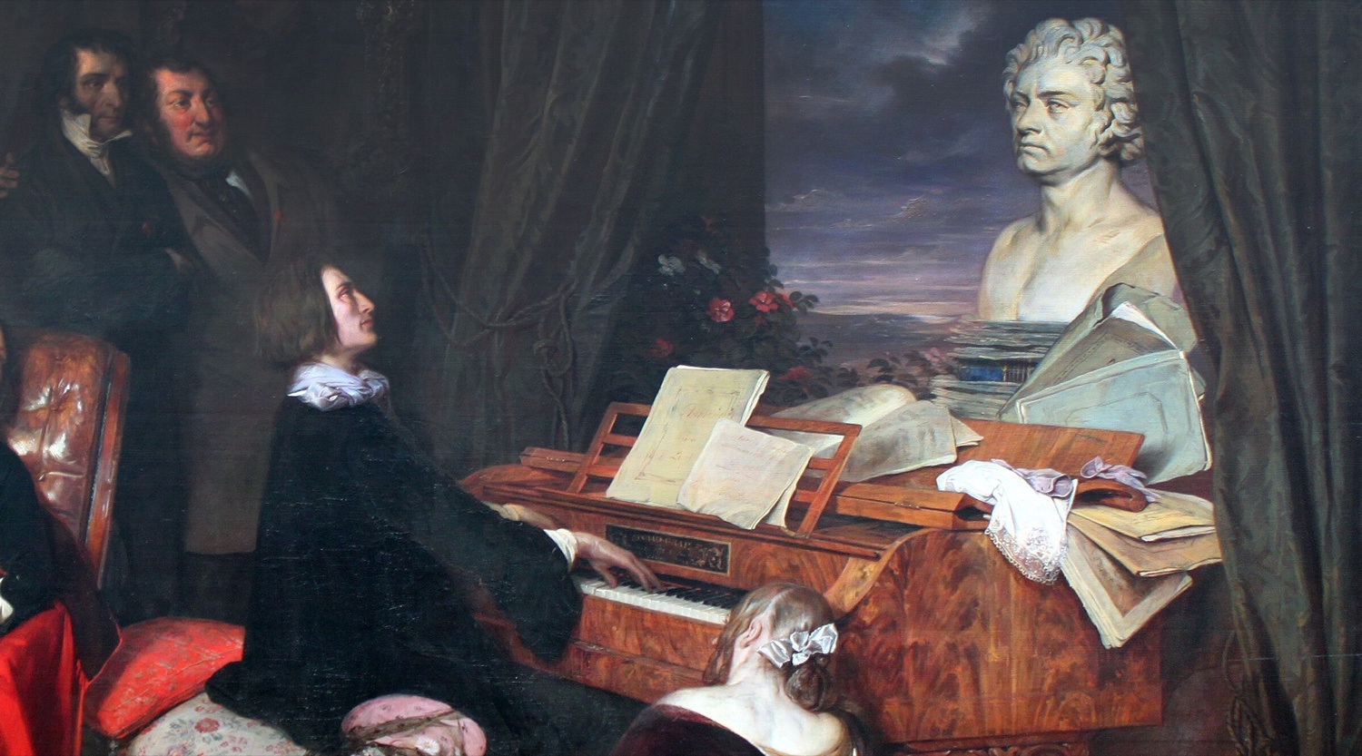 Фрагмент картины Йозефа Данхаузера 1840 года: Ференц Лист играет на венском рояле Конрада Графа, на крышке лежат ноты, сверху стоит мраморный бюст Бетховена