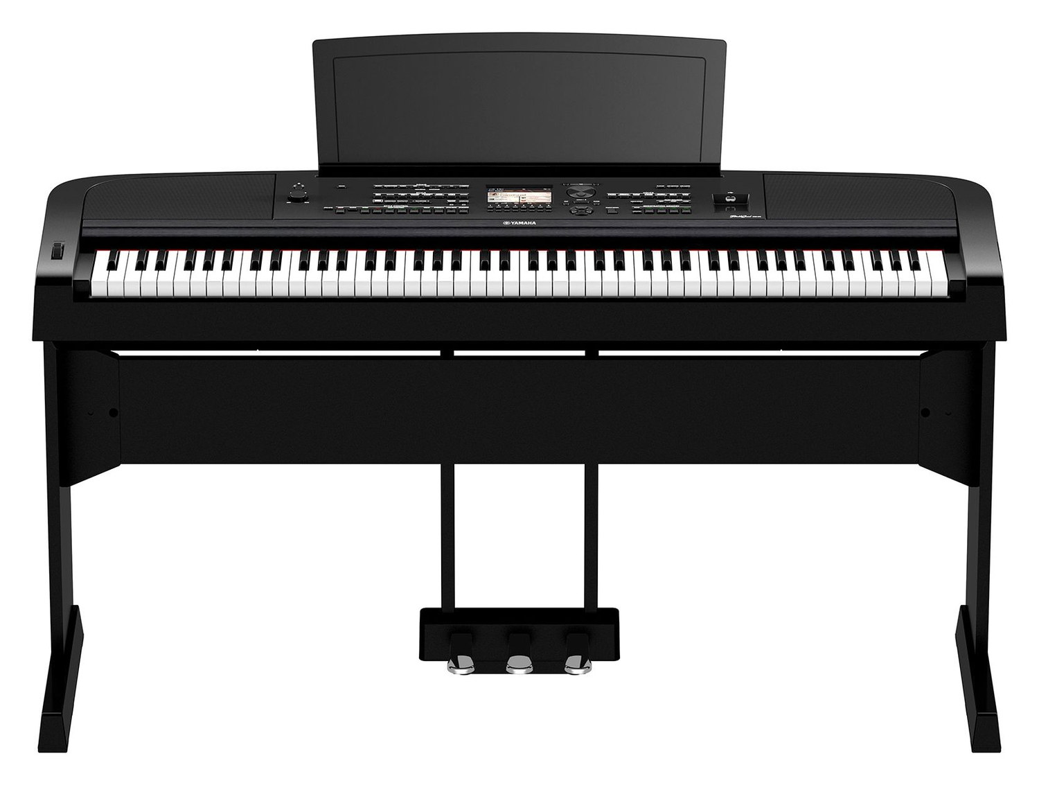 Чёрное цифровое пианино Yamaha DGX-670 на фирменной стойке L-300 с трёхпедальным блоком LP-1: 88 клавиш, панель управления с цветным экраном и поднятый пюпитр