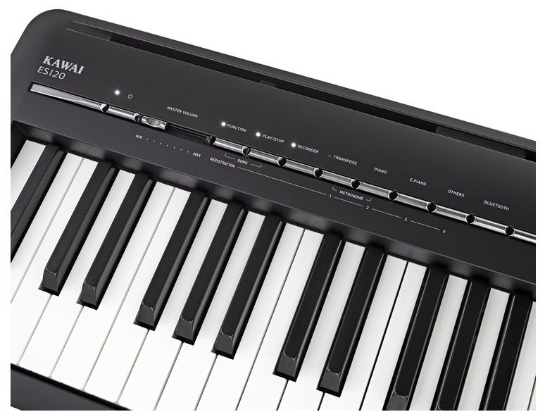 Панель управления Kawai ES120 крупным планом: кнопка питания, слайдер Master Volume со шкалой MIN–MAX и ряд кнопок Function, Play/Stop, Recorder, Transpose