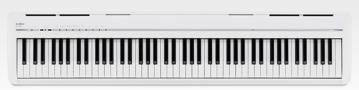 Портативное цифровое пианино Kawai ES-120 белого цвета, вид сверху: вдоль задней кромки корпуса идут щелевые прорези акустики