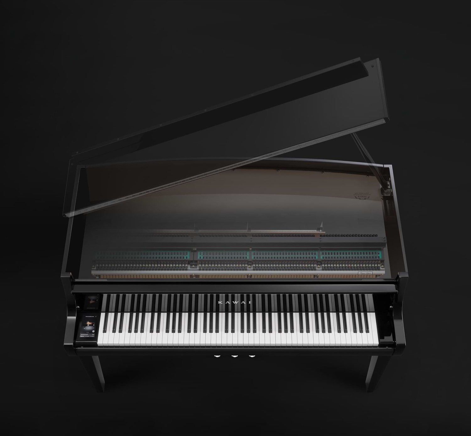 Kawai Novus NV12 сверху на чёрном фоне: крышка показана полупрозрачной, под ней виден ряд молоточков акустической механики над клавиатурой