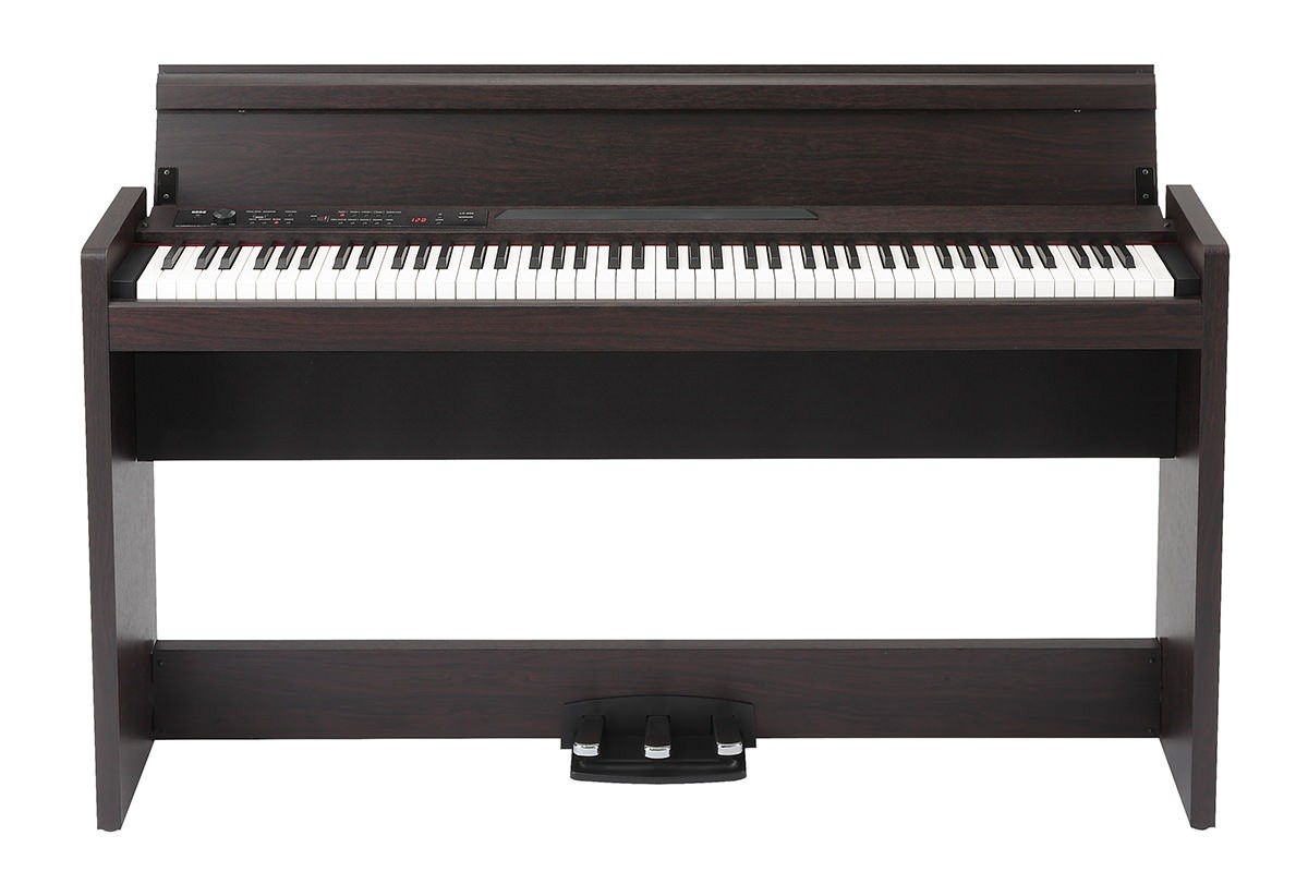 Цифровое пианино Korg LP-380 в отделке палисандр целиком: тонкий корпус на фирменной стойке с блоком из трёх педалей