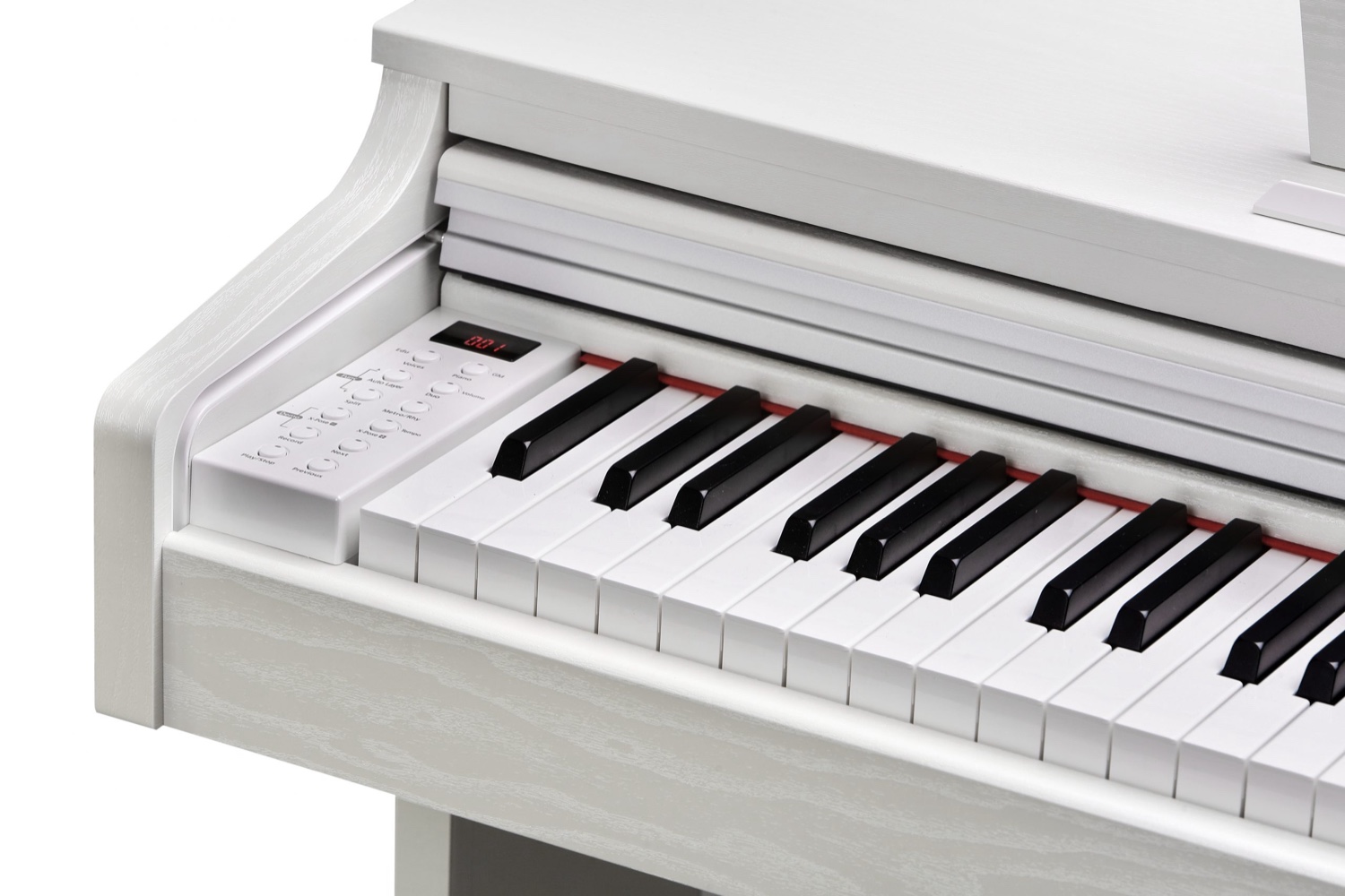 Крупный план левой части клавиатуры Kurzweil M115: панель кнопок Voices, Piano, GM, Split, Metro, Record, светодиодный индикатор и красный демпферный фетр над клавишами