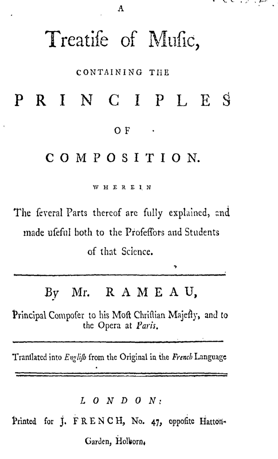 Титульный лист старинного трактата: A Treatise of Music, containing the Principles of Composition, By Mr. Rameau, London