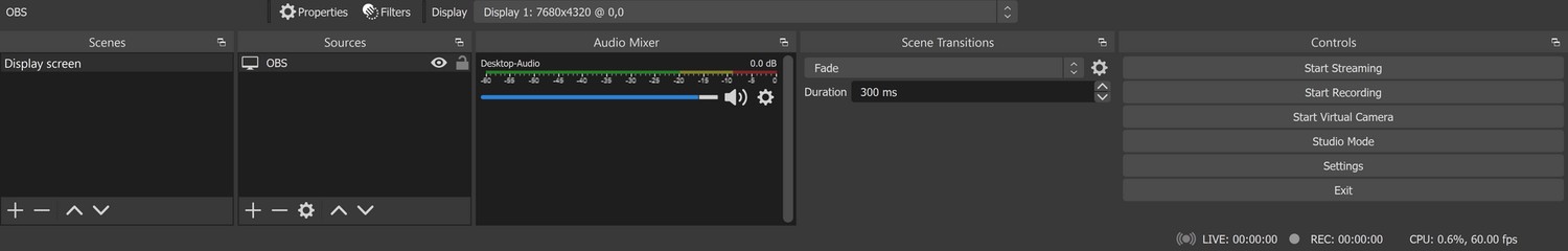 Интерфейс OBS Studio: панели Scenes, Sources и Audio Mixer с индикатором уровня, справа кнопки Start Streaming и Start Recording