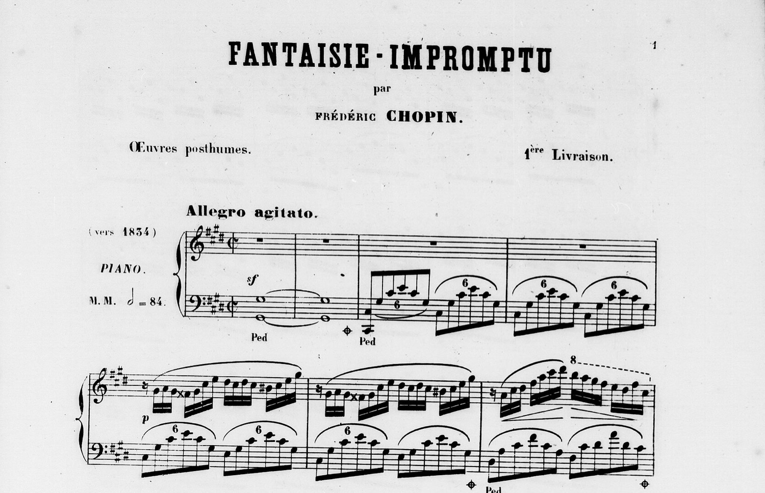 Первая страница нот Fantaisie-Impromptu Шопена в первом парижском издании: заголовок, пометка Allegro agitato, первые семь тактов — секстоли в басу, затем шестнадцатые правой руки