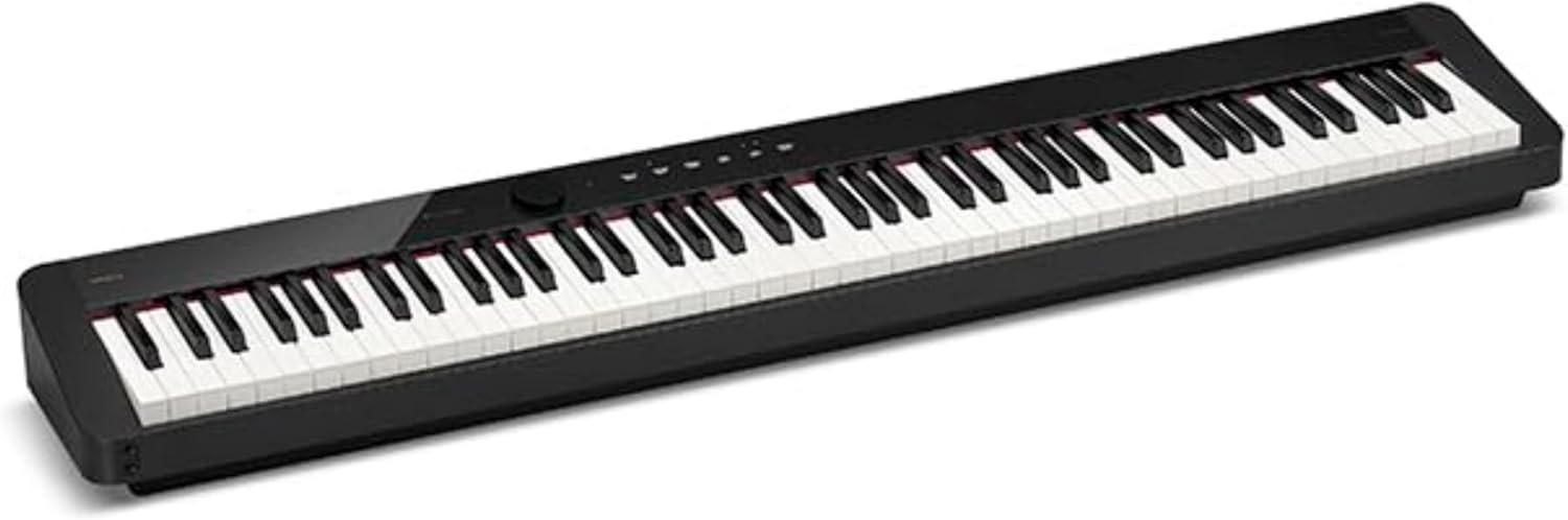 Чёрное ультратонкое цифровое пианино Casio PX-S1100, вид сбоку под углом на белом фоне