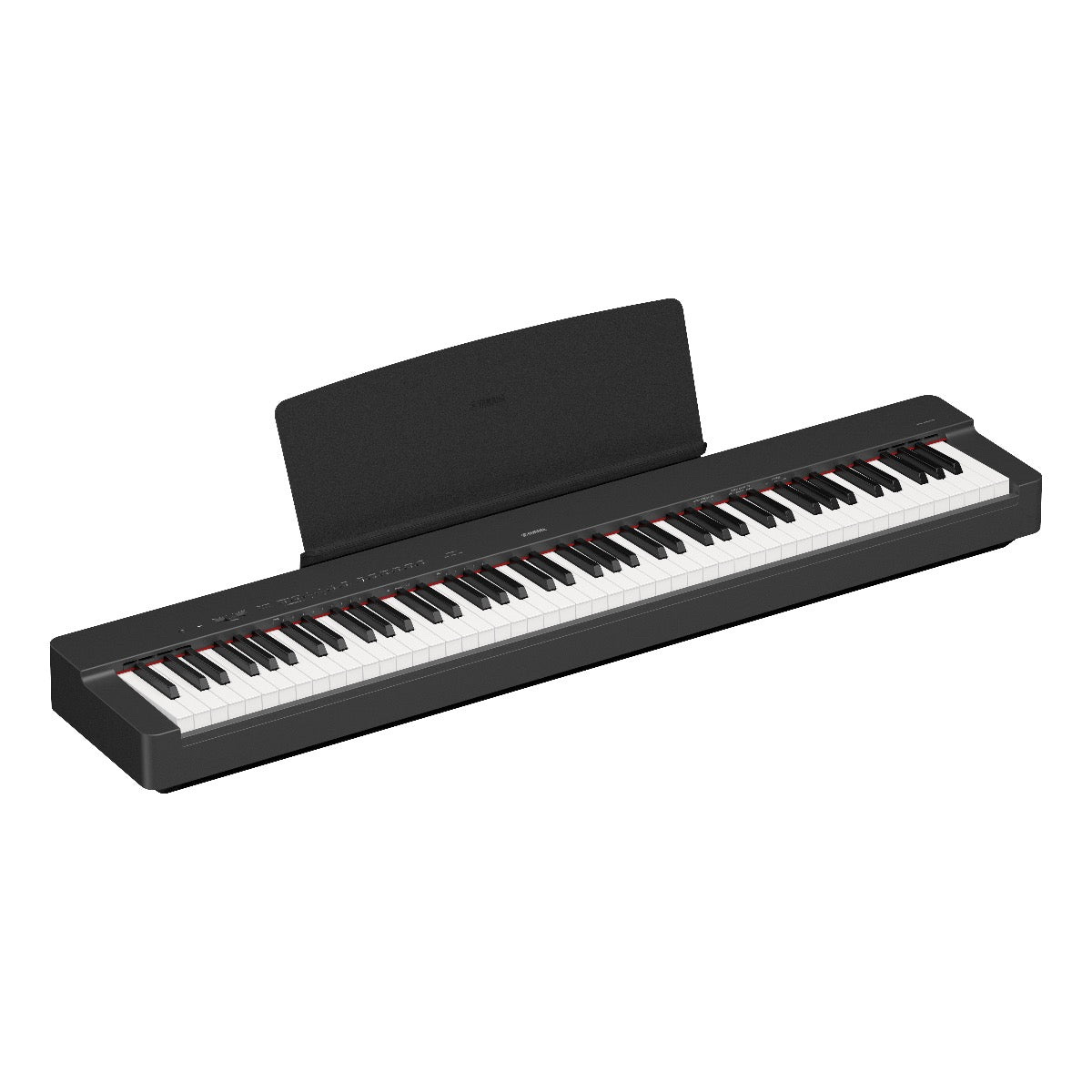 Чёрное цифровое пианино Yamaha P-225 с установленным пюпитром, вид под углом на белом фоне