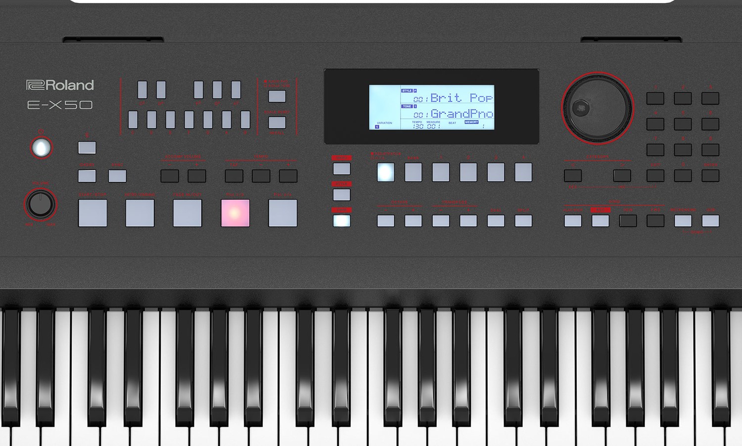 Верхняя панель клавишного инструмента Roland E-X50: кнопки управления стилем, колесо ввода и жидкокристаллический дисплей с именами стиля и тембра