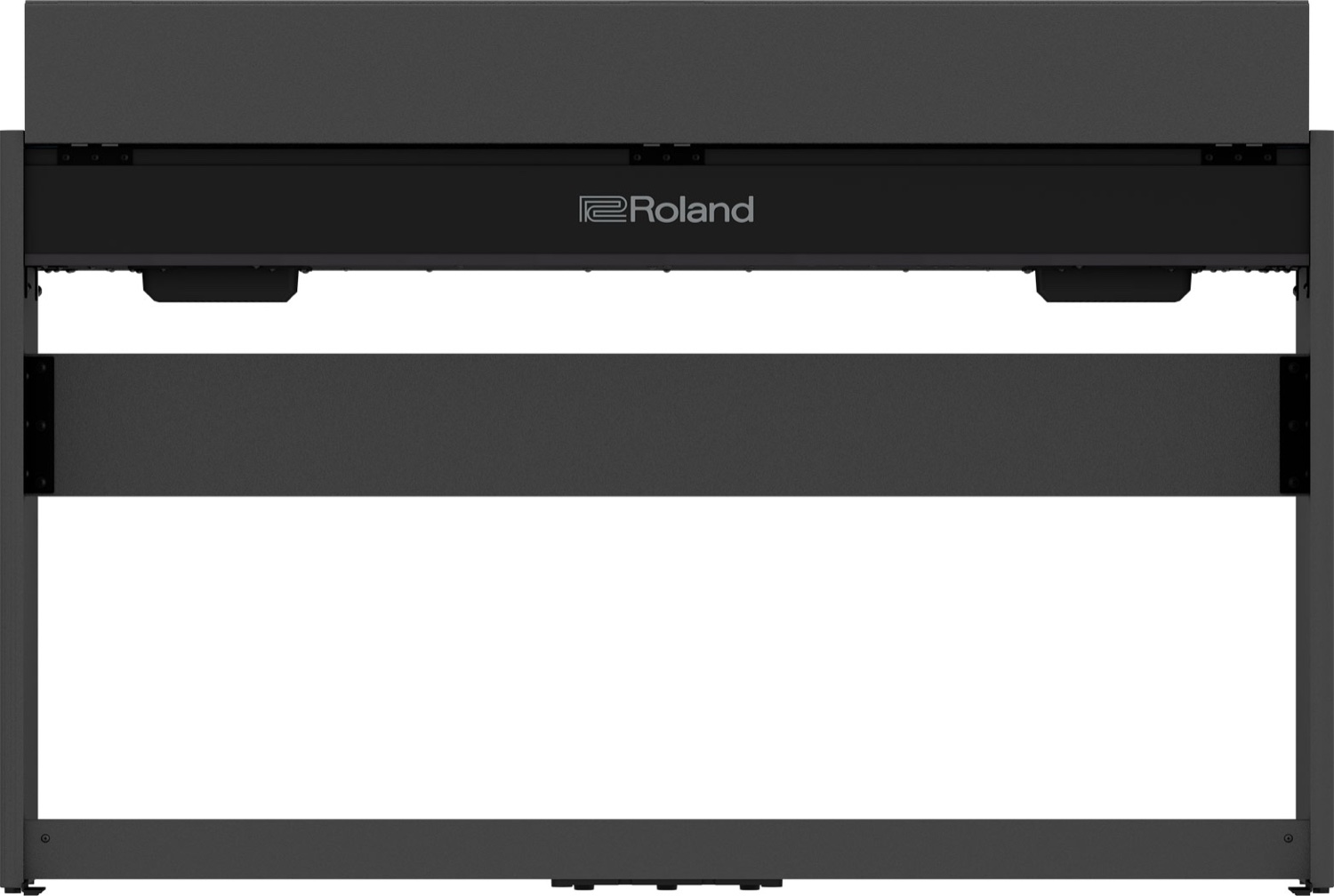 Вид сзади на цифровое пианино Roland F107: задняя стенка стойки привинчена между боковинами, сверху видна откинутая крышка