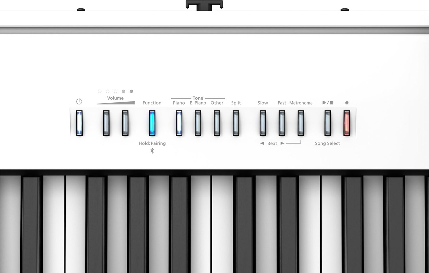 Панель управления белого Roland FP-30X крупным планом: ряд подсвеченных кнопок с надписями Volume, Function, Tone, Split, Slow, Fast, Metronome и подписью Beat со стрелками под ними