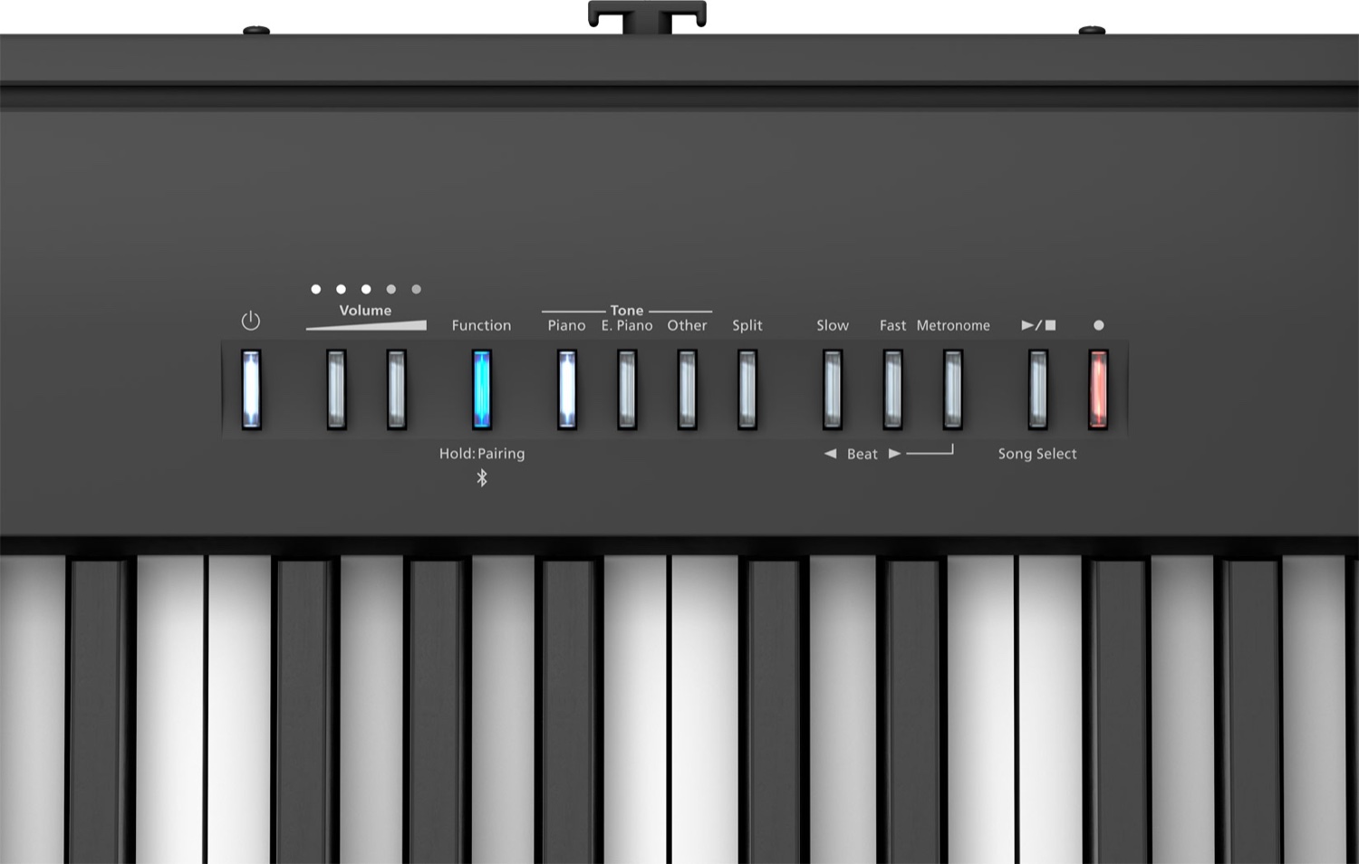 Панель управления цифрового пианино Roland FP-30X крупным планом: ряд подсвеченных кнопок над клавиатурой — питание, громкость, Function, тембры Piano, E. Piano, Other, отдельная кнопка Split, метроном и запись