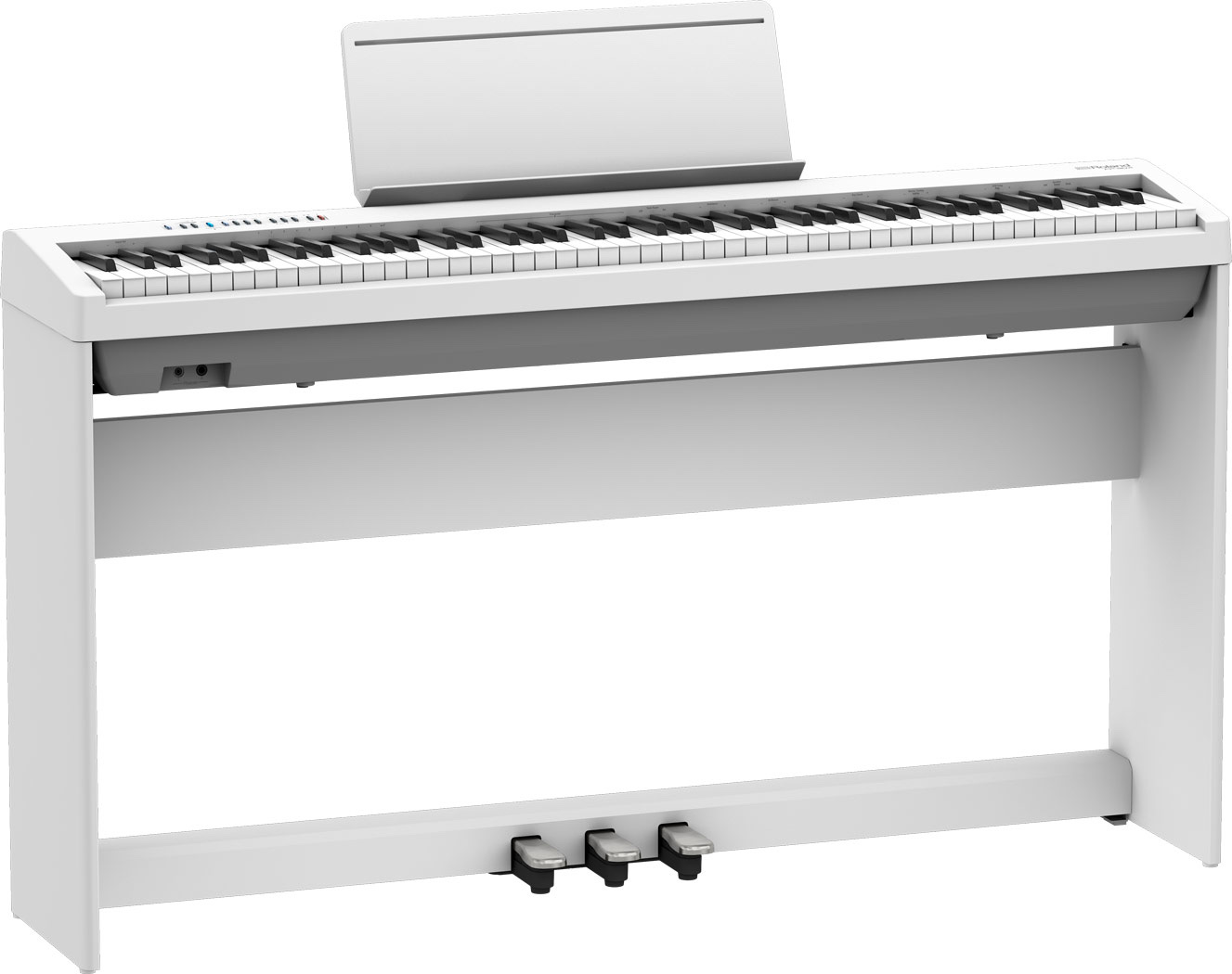 Белое компактное пианино Roland FP-30X WH на белой фирменной стойке KSC-70, внизу на перекладине блок из трёх педалей KPD-70, на белом фоне