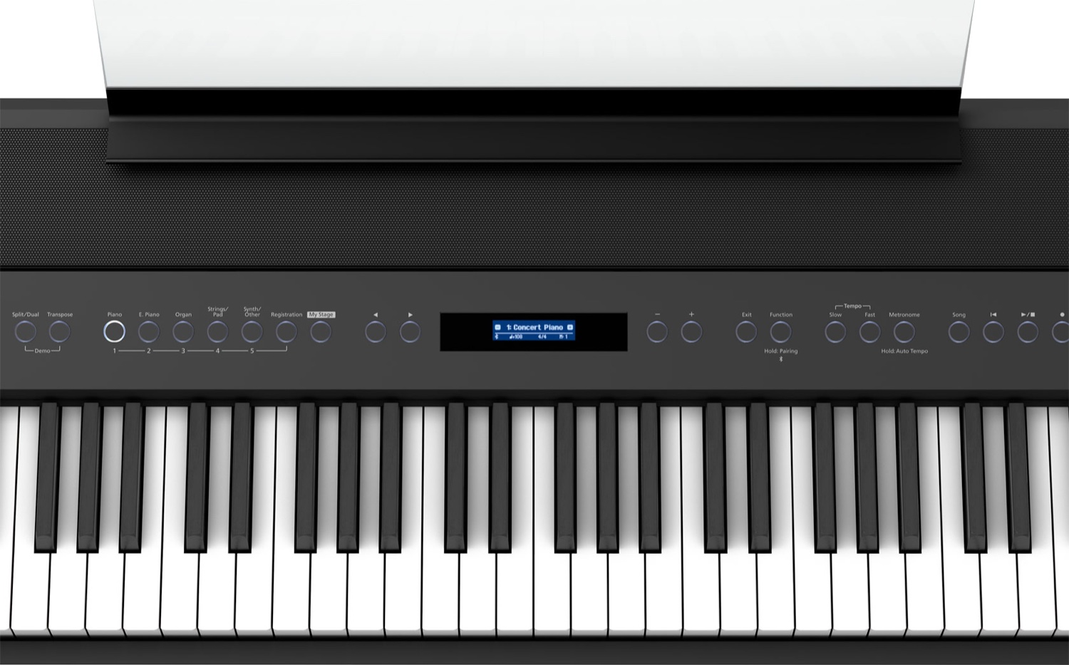 Панель управления Roland FP-90X крупным планом: слева кнопки Split/Dual и Transpose, ряд тембровых кнопок, в центре дисплей с надписью Concert Piano, правее кнопки Exit и Function