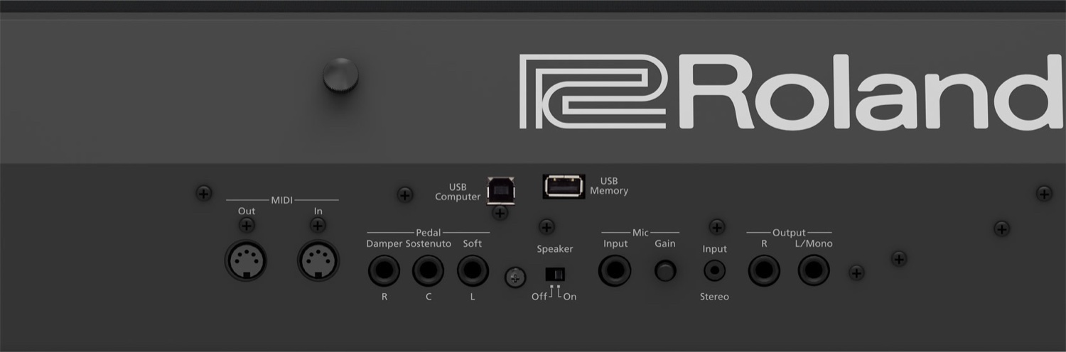 Задняя панель Roland FP-90X: разъёмы MIDI Out и In, USB Computer и USB Memory, три педальных гнезда, переключатель Speaker Off/On, гнездо Mic Input с ручкой Gain, стереовход и выходы Output R и L/Mono