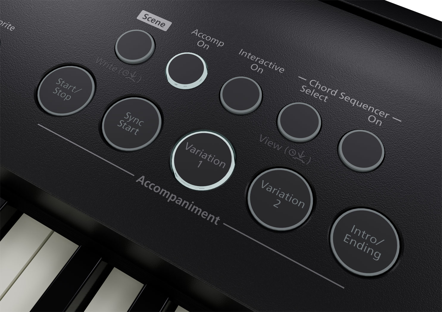 Крупный план панели Roland FP-E50: кнопки Start/Stop, Sync Start, Variation 1 и 2, Intro/Ending, Accomp On, Chord Sequencer над клавишами
