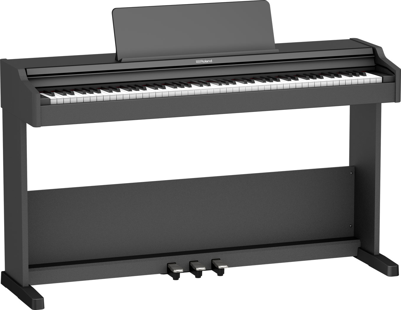 Консольное цифровое пианино Roland RP-107 в чёрном корпусе: сдвижная крышка убрана в корпус, над клавиатурой стоит отдельный пюпитр
