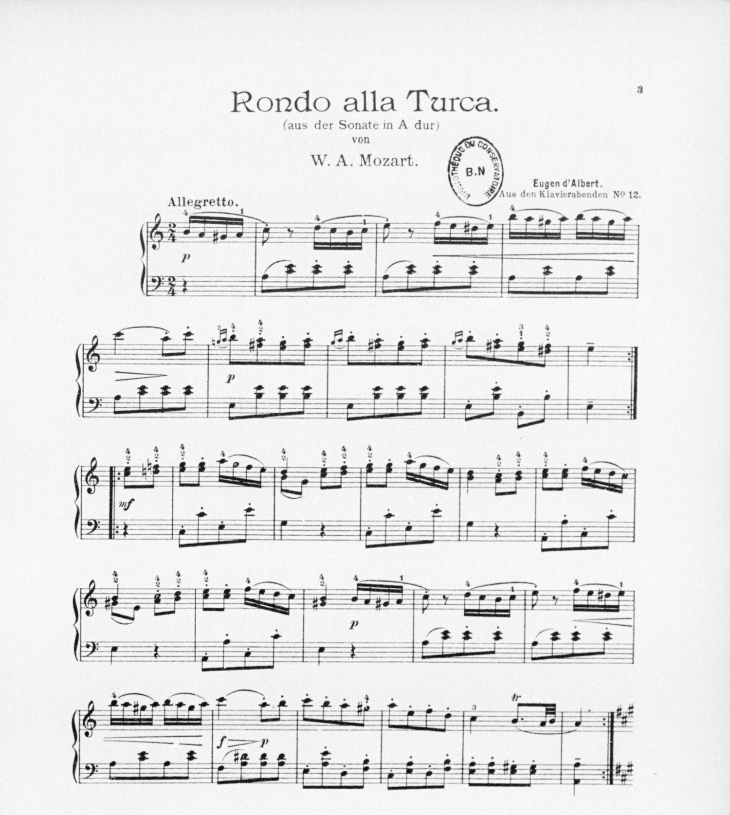 Нотная страница с заголовком Rondo alla Turca, ремаркой Allegretto и пятью строками фортепианной партии, над нотами цифры аппликатуры