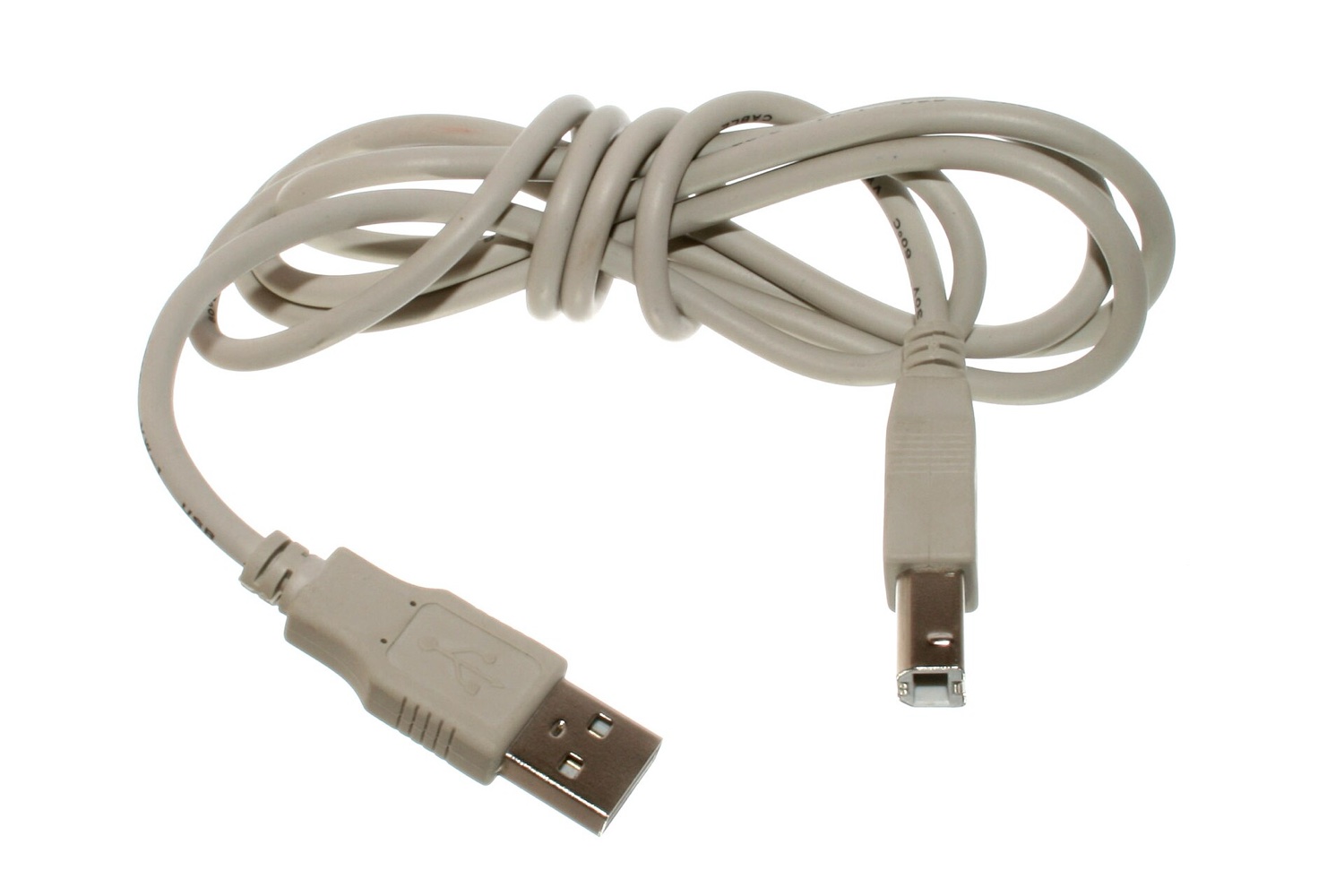 Свёрнутый серый кабель USB с плоским разъёмом Type-A на одном конце и квадратным Type-B на другом