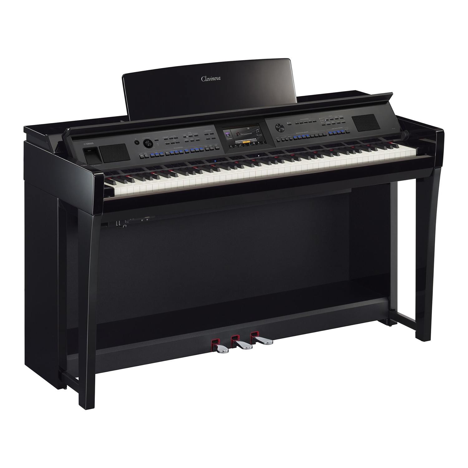 Корпусное цифровое пианино Yamaha Clavinova CVP-905 в чёрном полированном корпусе: сенсорный дисплей и ряд кнопок Style Control над клавиатурой