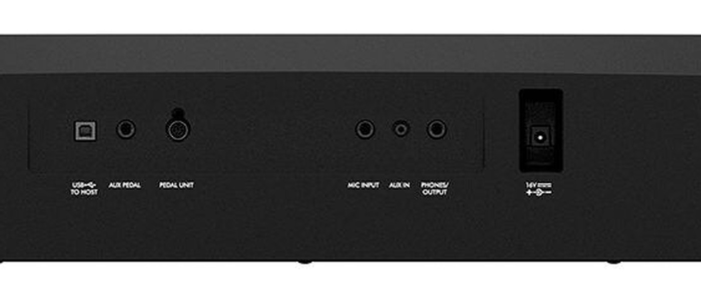 Фрагмент задней панели Yamaha DGX-670: гнёзда USB TO HOST, AUX PEDAL, PEDAL UNIT, MIC INPUT, AUX IN и PHONES/OUTPUT, рядом разъём питания 16 В