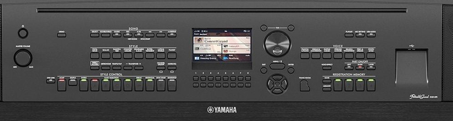 Панель управления Yamaha DGX-670 крупным планом: цветной экран 4,3 дюйма в центре, слева кнопки SONG, STYLE и STYLE CONTROL, справа группы VOICE, PART ON/OFF и REGISTRATION MEMORY