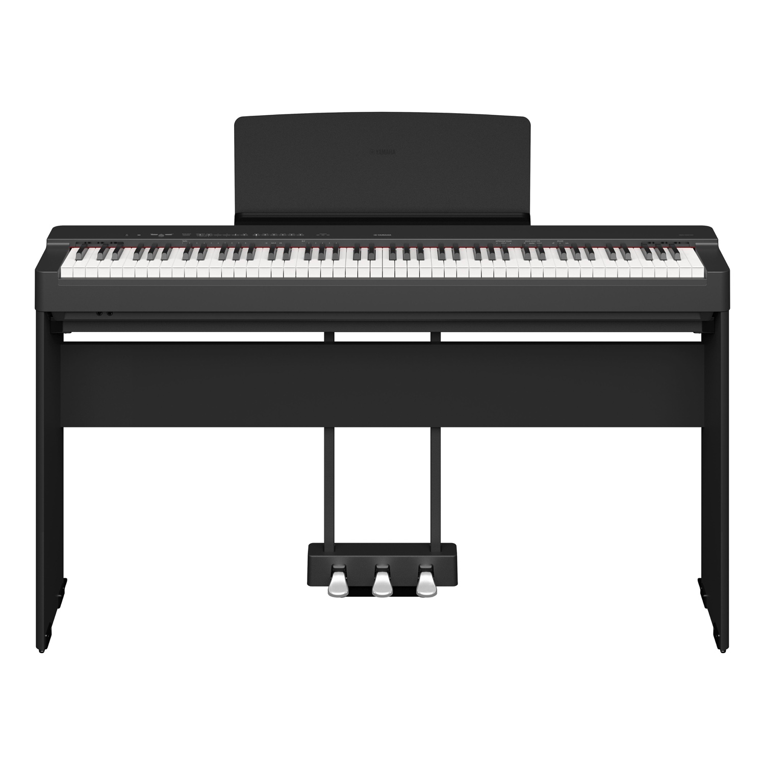 Чёрное пианино Yamaha P-225 на деревянной стойке L-200 с пюпитром и тройной педалью LP-1