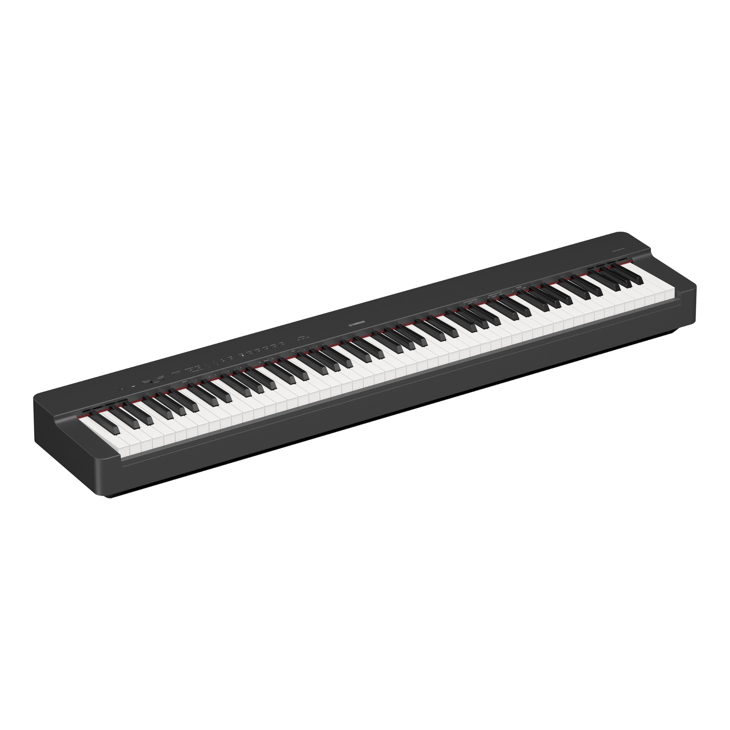 Чёрное пианино Yamaha P-225 в три четверти: видна панель управления с кнопками тембров, ритмов и режимов