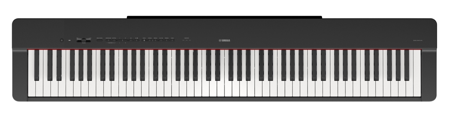 Цифровое пианино Yamaha P-225 сверху: 88 клавиш и узкая панель с рядом мелких кнопок над клавиатурой