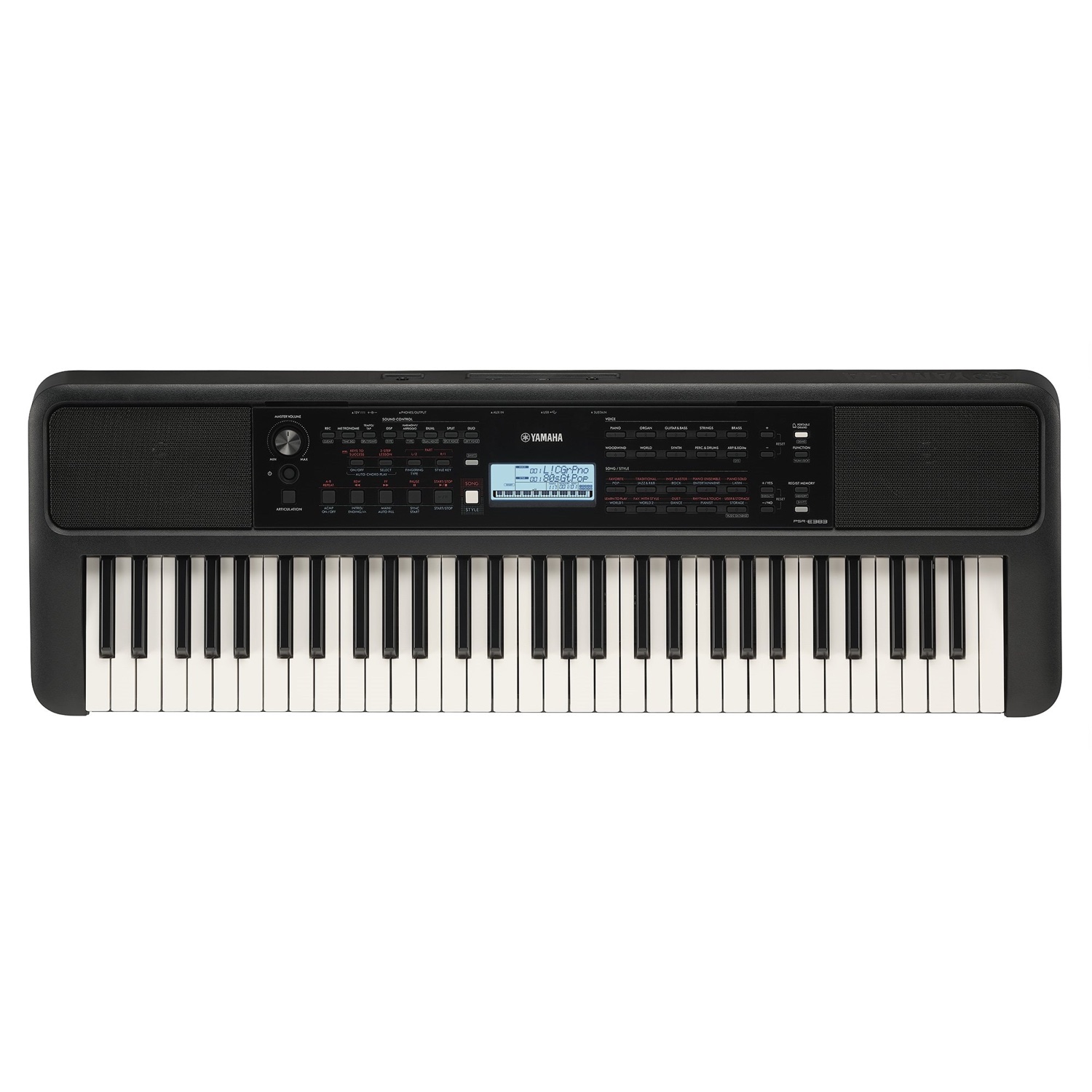 Yamaha PSR-E383, 61 клавиша: вид сверху, клавиатура C2–C7 целиком