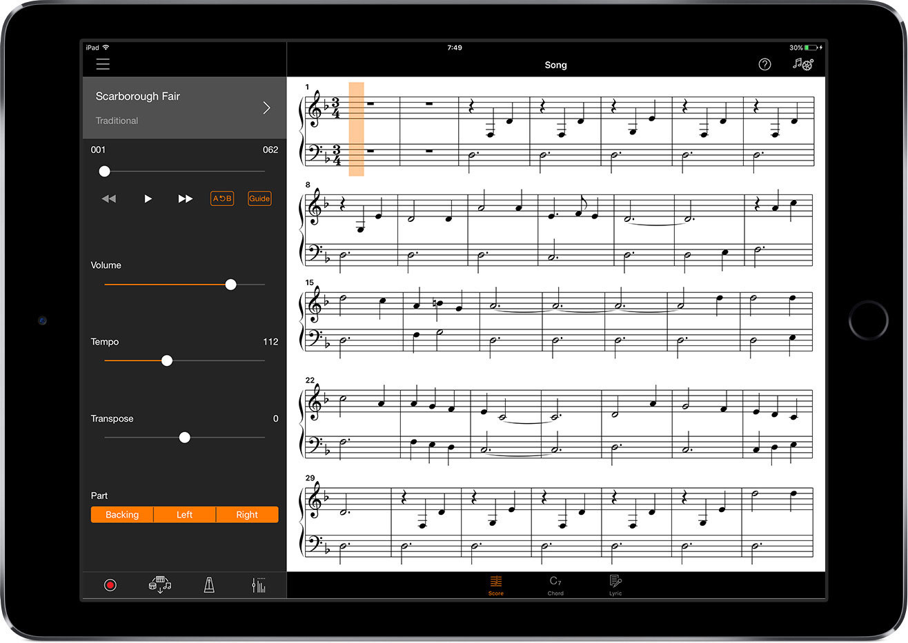 iPad с открытым экраном Song в Smart Pianist: ноты встроенной песни, ползунки громкости, темпа и транспонирования, кнопки партий Backing, Left и Right
